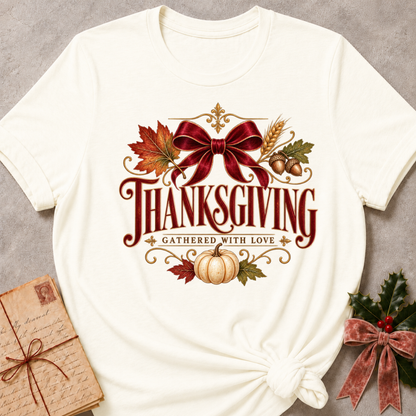 Vintage White Thanksgiving Gathered With Love tee with a vintage red bow, autumn leaves and a white pumpkin
