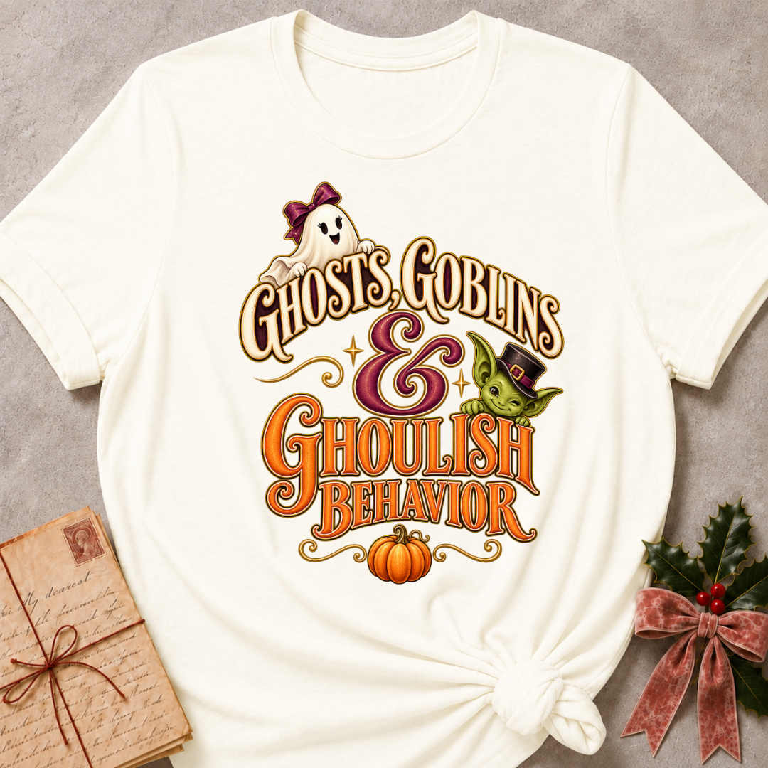 Vintage White Ghosts, Goblins and Ghoulish Behavior tee with a bow wearing ghost, a peeking goblin and a little pumpkin