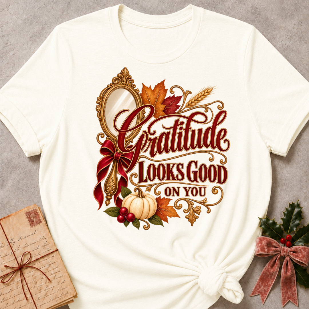 Vintage White Gratitude Looks Good On You tee with a gilded vintage mirror, red bow and autumn harvest details