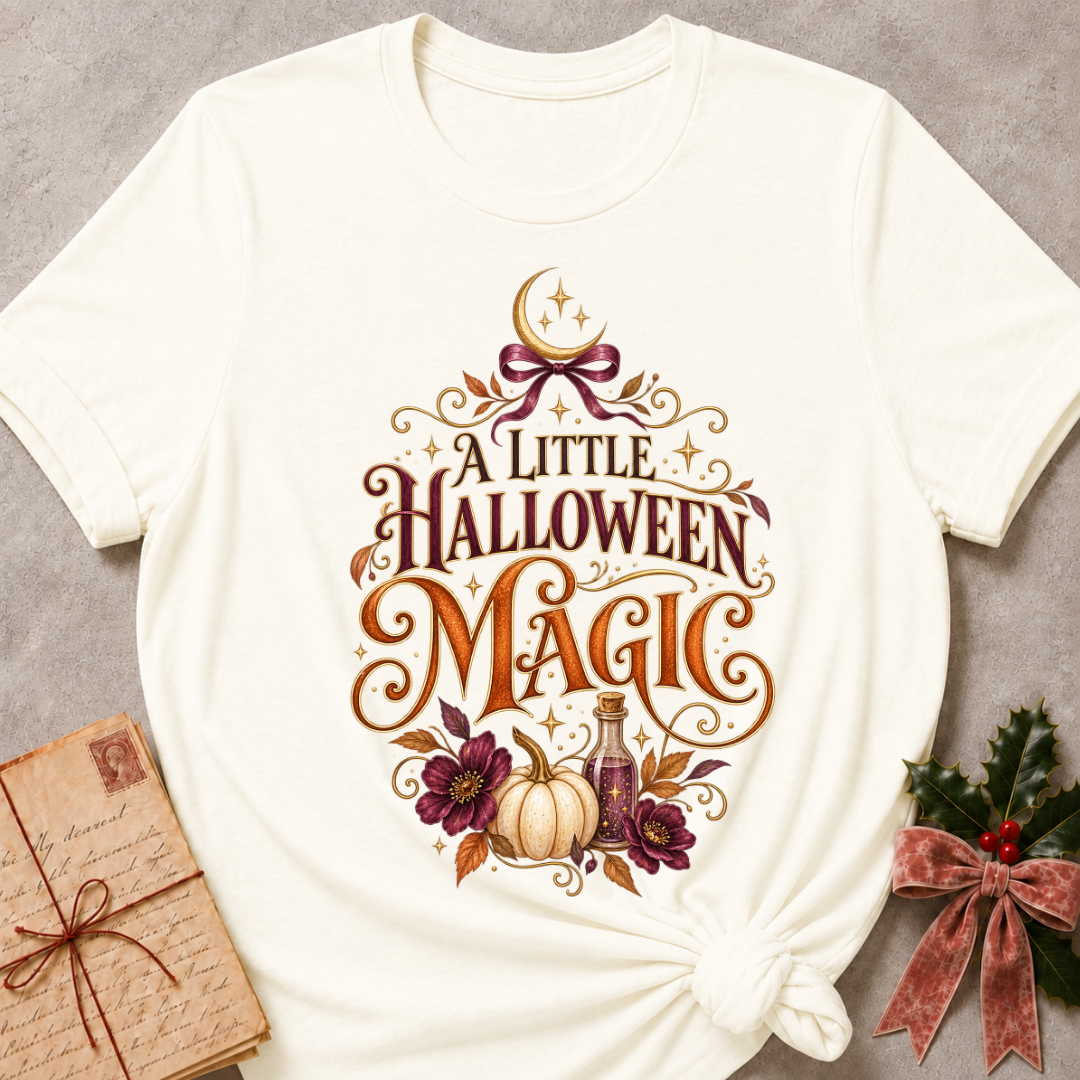 Vintage White A Little Halloween Magic tee with a velvet bow, crescent moon, white pumpkin and plum blooms