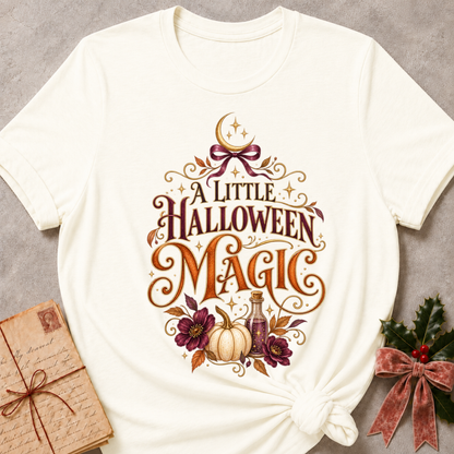 Vintage White A Little Halloween Magic tee with a velvet bow, crescent moon, white pumpkin and plum blooms