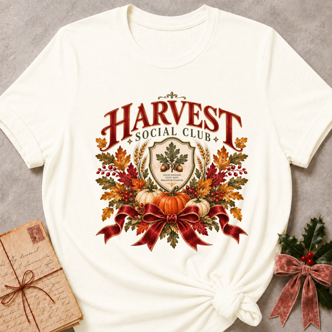 Vintage white women's relaxed tee with a vintage Harvest Social Club crest with an oak leaf shield, pumpkins, autumn leaves, and a plaid ribbon bow