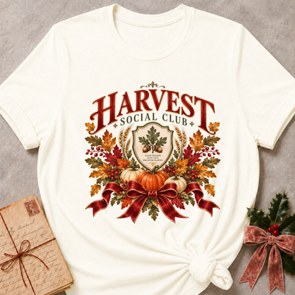 Vintage white women's relaxed tee with a vintage Harvest Social Club crest with an oak leaf shield, pumpkins, autumn leaves, and a plaid ribbon bow