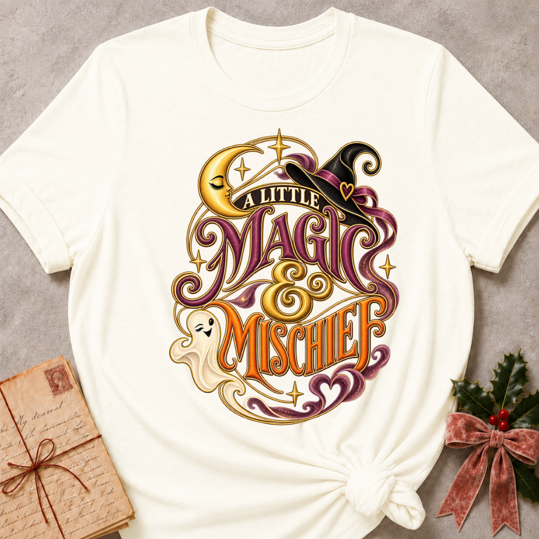 Vintage White A Little Magic & Mischief tee with a smiling ghost, sleepy crescent moon and witch's hat in gold and plum