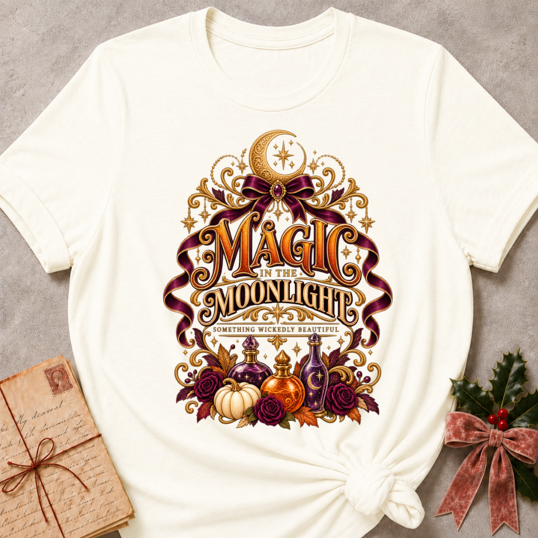 Vintage White Magic in the Moonlight tee with a crescent moon, velvet ribbon, potion bottles and deep plum roses
