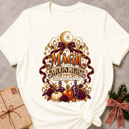 Vintage White Magic in the Moonlight tee with a crescent moon, velvet ribbon, potion bottles and deep plum roses