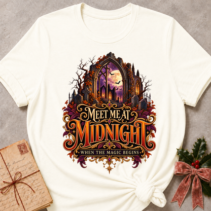 Vintage White Meet Me at Midnight tee with a moonlit Gothic arch, fluttering bats and jewel toned autumn leaves
