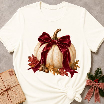Vintage white women's relaxed tee with a cream pumpkin wrapped in an oversized burgundy velvet bow, acorns, and autumn leaves
