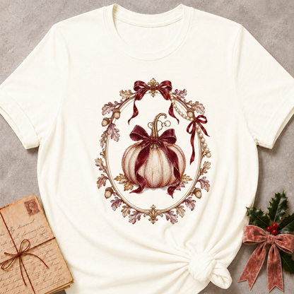 Vintage white women's relaxed tee with a cream heirloom pumpkin tied in burgundy bows inside an ornate gold mirror frame with pearls and oak leaves
