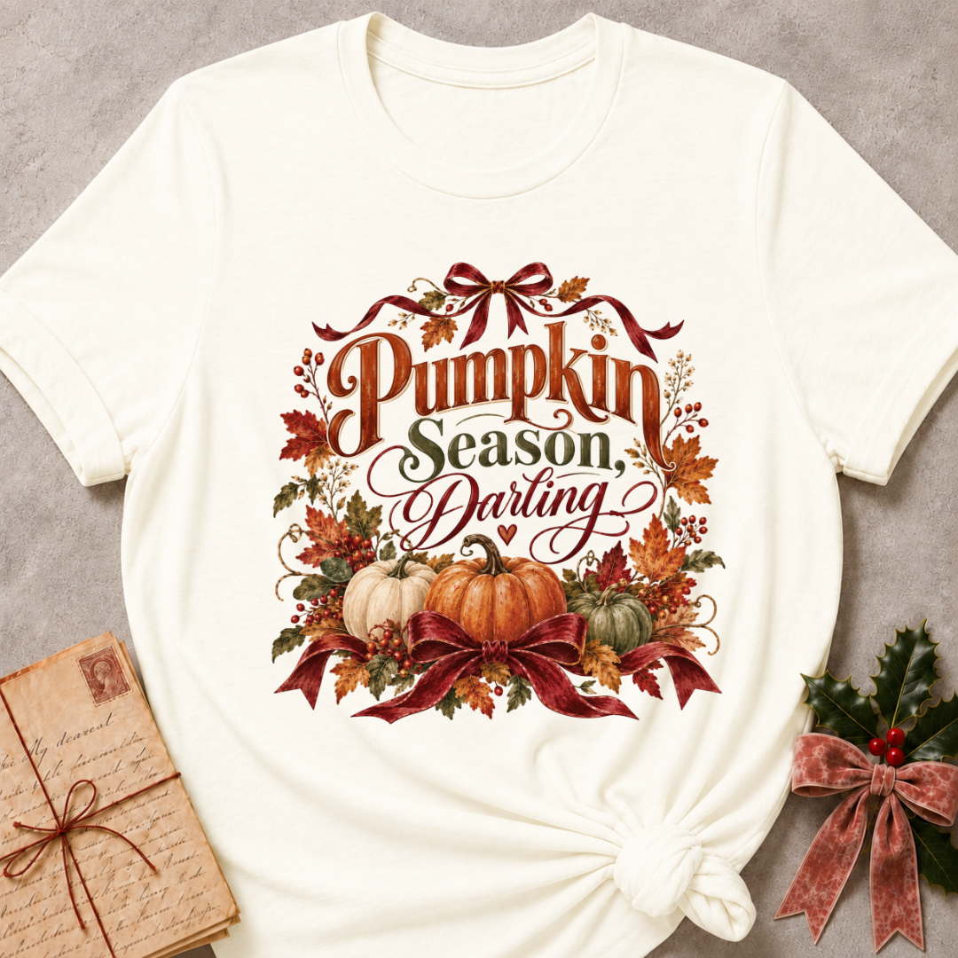 Vintage white women's relaxed tee with a Pumpkin Season, Darling script design with heirloom pumpkins, autumn leaves, and burgundy ribbon bows