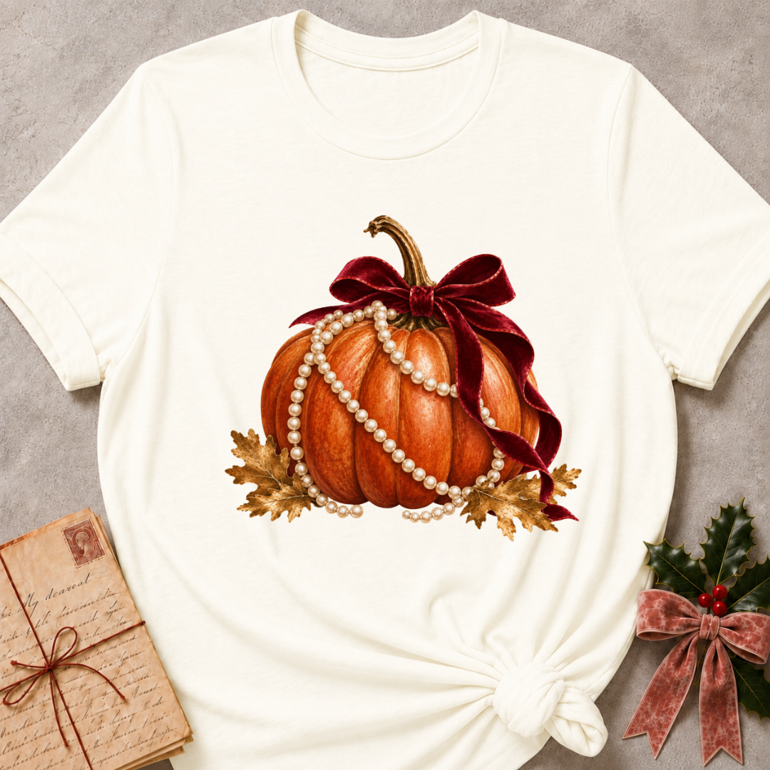 Vintage white women's relaxed tee with an orange pumpkin draped in pearls with a burgundy velvet bow and golden autumn leaves