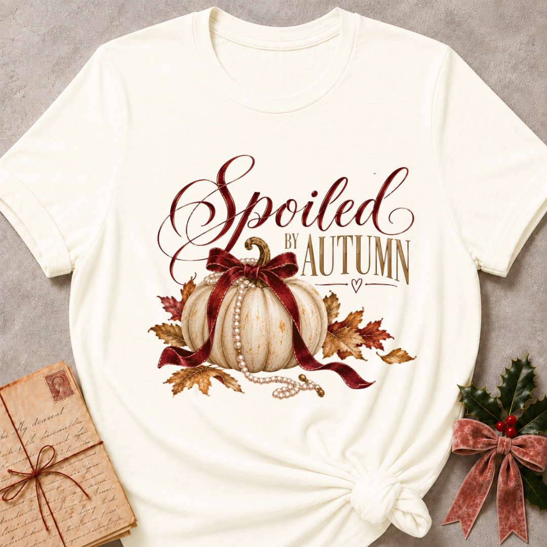 Vintage white women's relaxed tee with Spoiled by Autumn script over a cream pumpkin tied in a burgundy velvet bow, pearls, and fall leaves