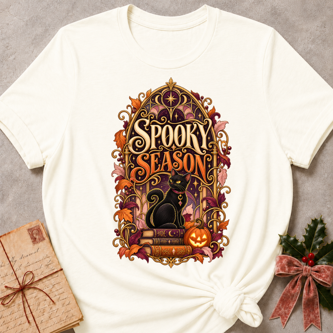 Vintage White Spooky Season tee with a black cat on spellbooks beside a glowing jack-o'-lantern under a golden Gothic arch