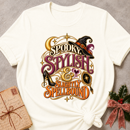 Vintage White Spooky, Stylish and Slightly Spellbound tee with a witch's hat, stiletto heel and gilded hand mirror