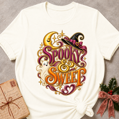 Vintage White Spooky and Sweet tee with a smiling ghost, a sleepy golden moon and a witch's hat with a heart bow