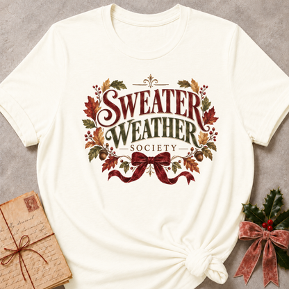 Vintage White relaxed fit tee with vintage Sweater Weather Society lettering, autumn leaves, acorns and a velvet bow