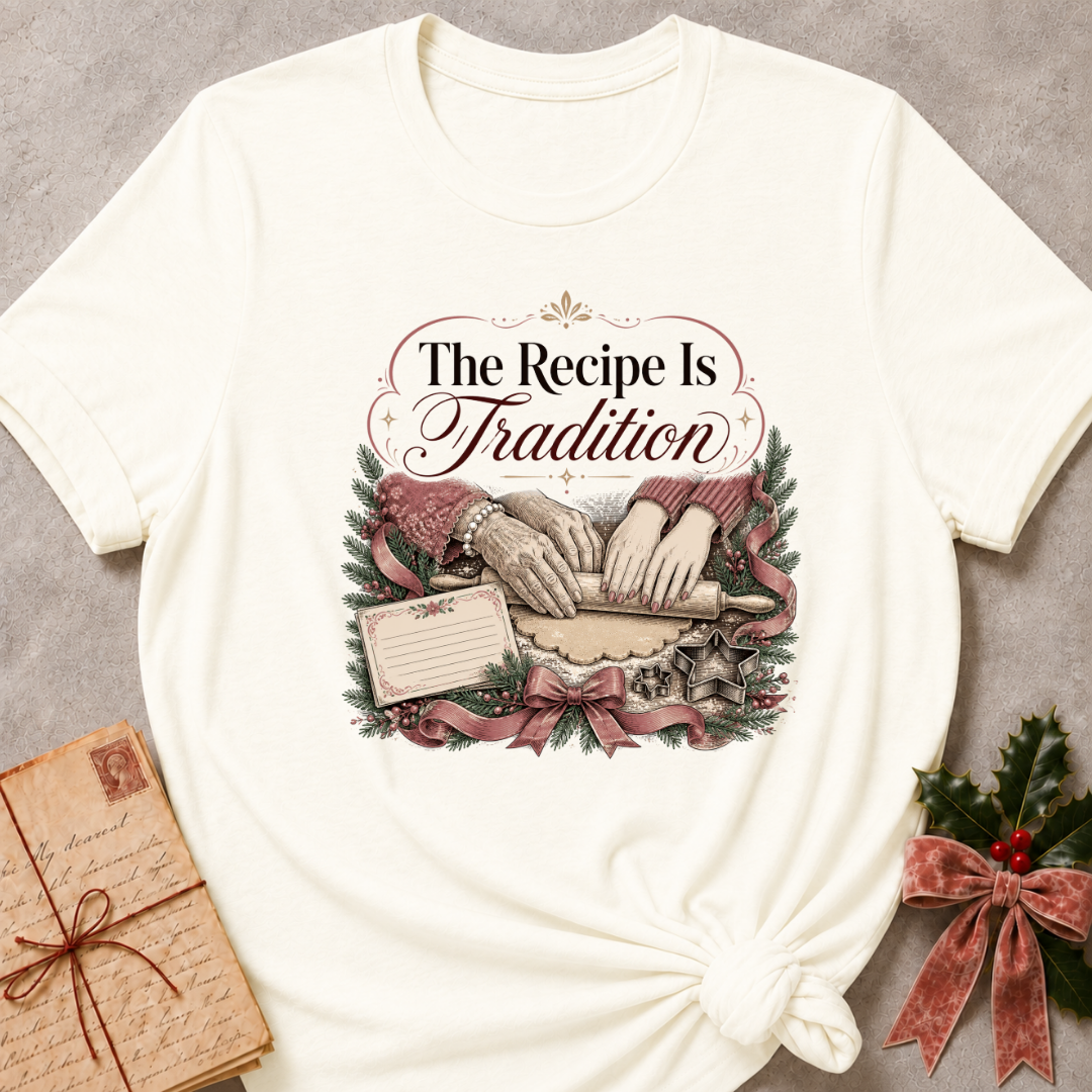 Vintage white relaxed fit tee with hands rolling dough and The Recipe Is Tradition lettering
