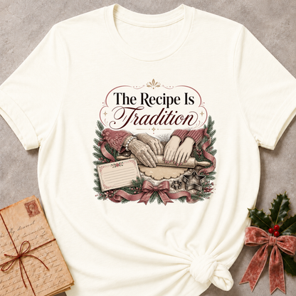 Vintage white relaxed fit tee with hands rolling dough and The Recipe Is Tradition lettering