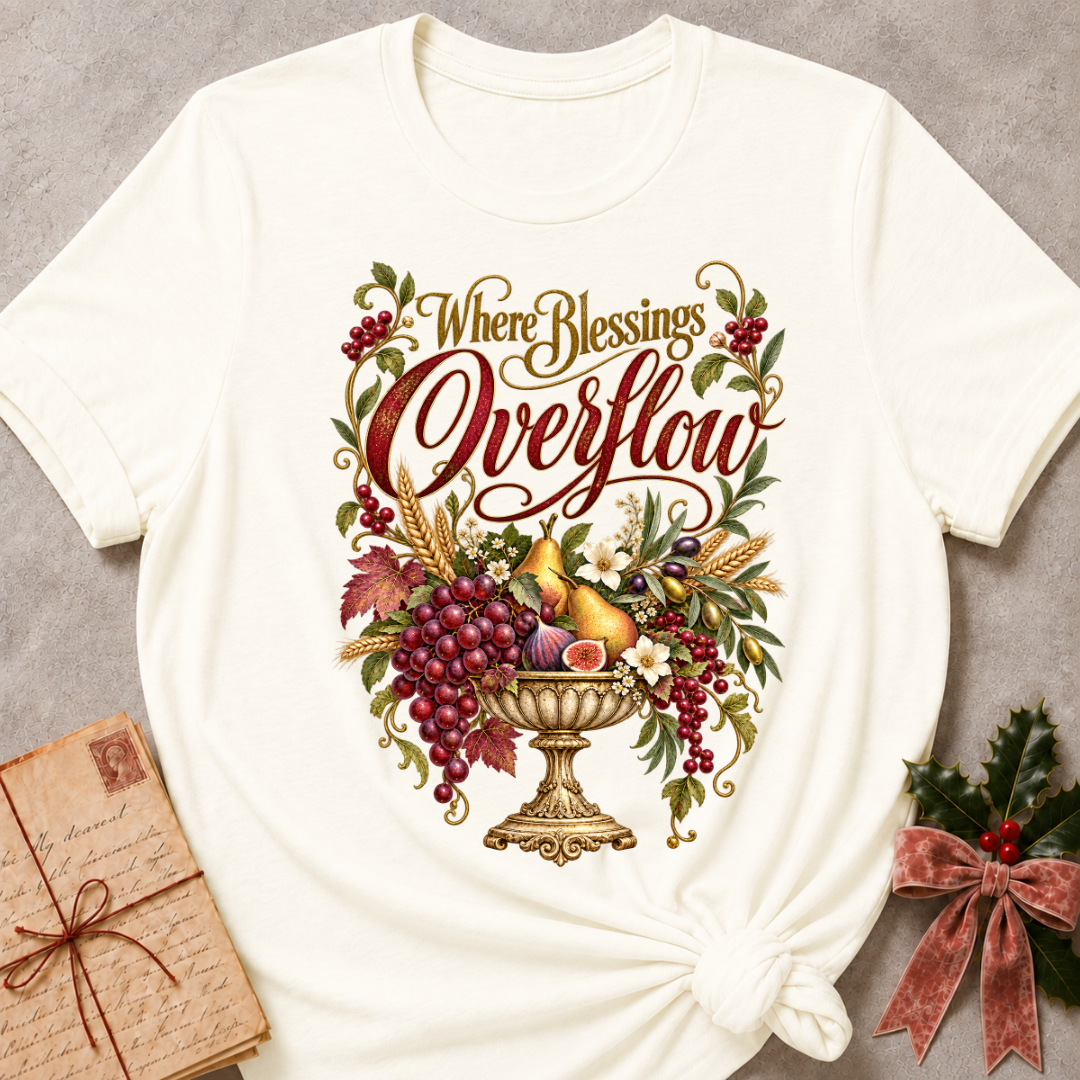 Vintage White relaxed fit tee with Where Blessings Overflow script and a golden urn of grapes, pears, figs and wheat